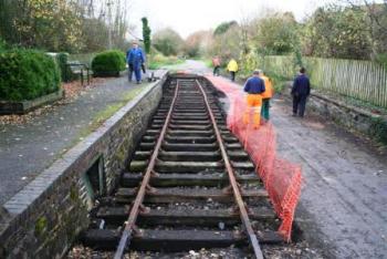L&amp;B volunteers pack up tools after laying two panels of track at Torrington 